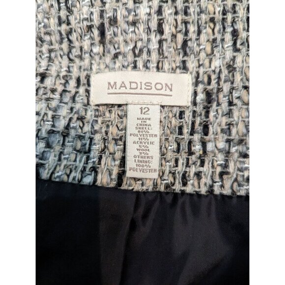 Madison womens size 12 blazer Jacket  gray black button  front ruffle fringe - Picture 10 of 15